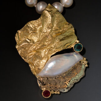 Pearl and Tourmaline Pin/Pendant, 14K & 18K Yellow Gold, Mokume Gane