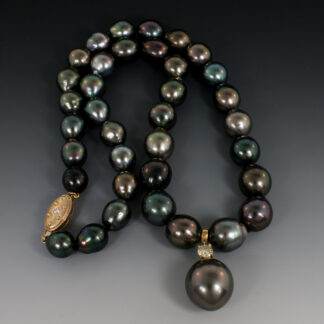 14KY Black Tahitian Pearl Necklace w/Pearl & Diamond Drop