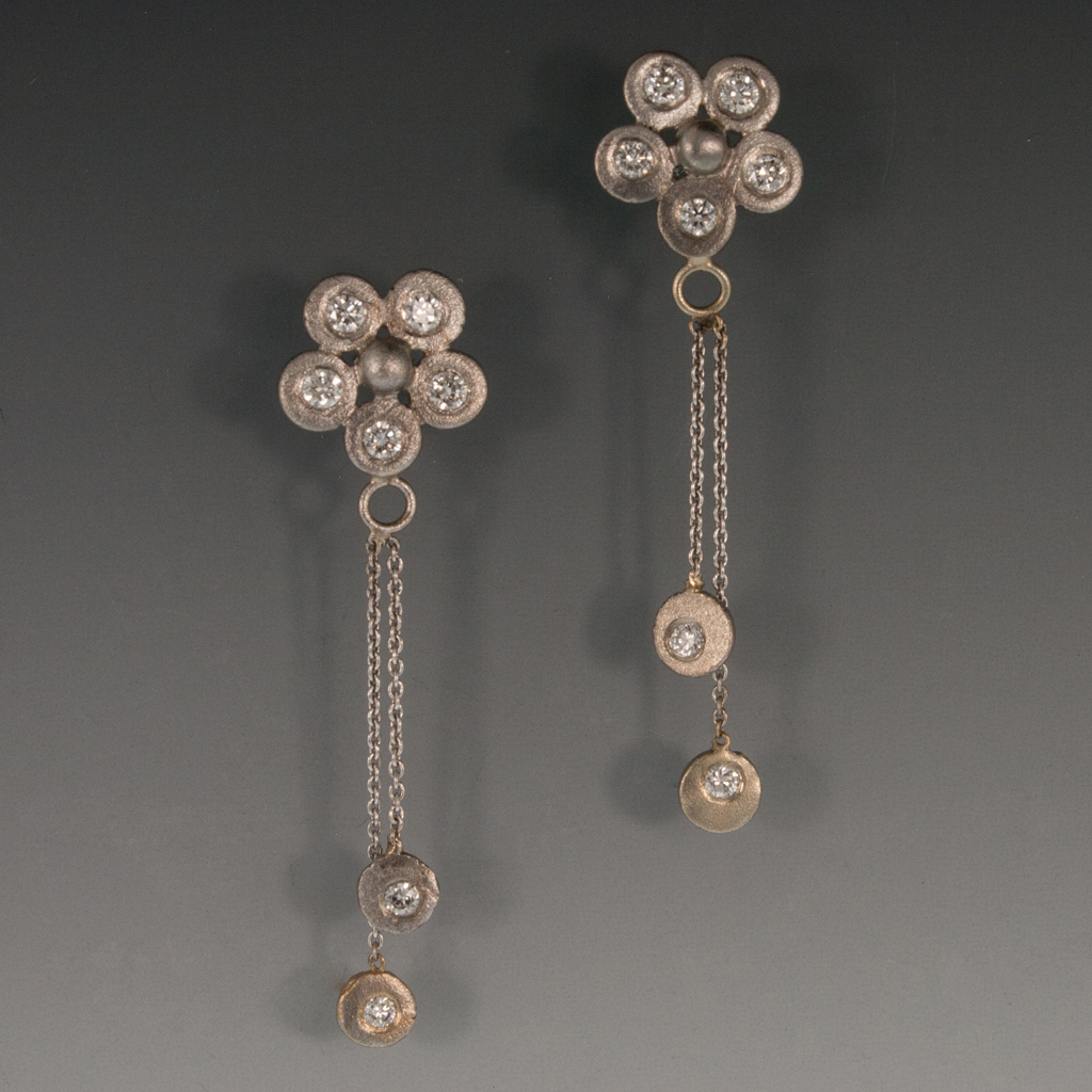 18K White Gold Flower Earrings w/Bezel Set Diamonds