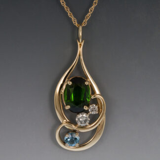14K Yellow Gold Forged Wire Pendant w/Tourmaline, Aquamarine & Diamonds