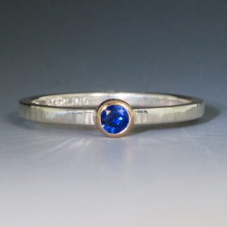 Sterling Silver Stacking Ring, Hand Hammered, w/0.17ct Blue Sapphire