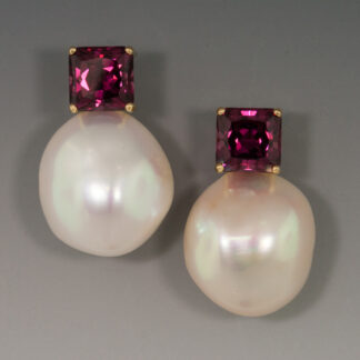 18KY Earrings w/Rhodolite Garnets & Freshwater Baroque Pearls