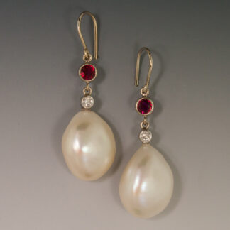 Baroque Drop Pearl Earrings with Rubies and Diamonds