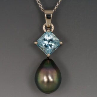 14KW Pendant, w/Aquamarine & Black Tahitian Pearl Drop