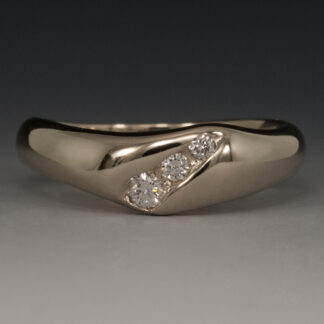 Carved Wedding Band with 3 Flush Mount Diamonds in 18KW