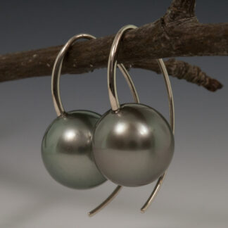 Earrings, "Short Open Loops" w/Black Tahitian Pearls 13.6mm, 14KW