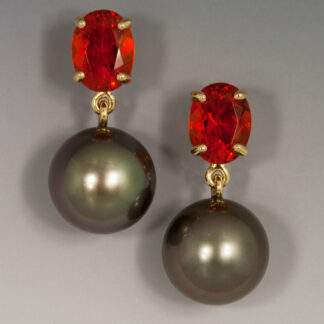 18KY Earrings with Mexican Fire Opals & Grey Tahitian Pearls 13x11mm