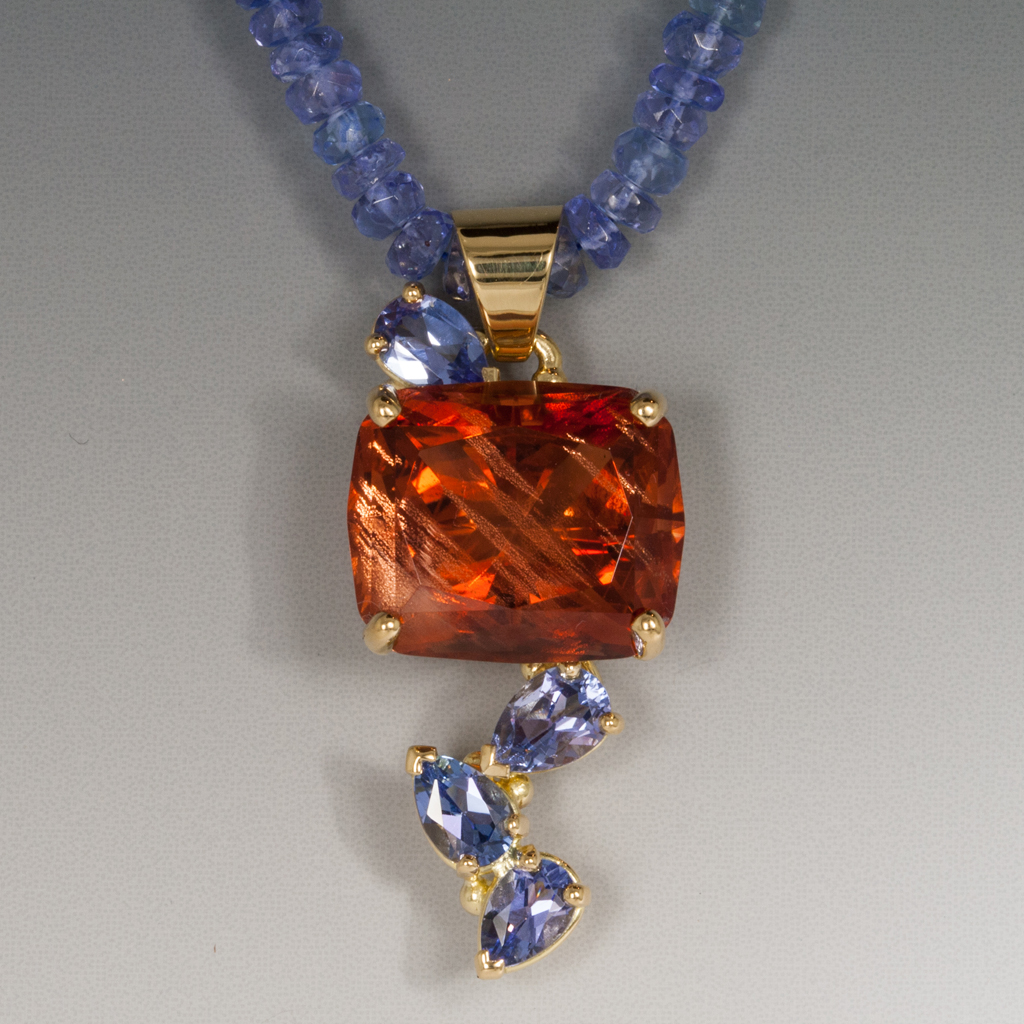 18KY Pendant w/Emerald Cushion Cut Sunstone 8.65 Carats & Tanzanite -