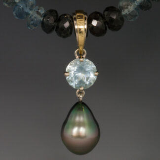 18KY/14KW Pendant w/Aquamarine & Tahitian Black Pearl, Moss Agate Chain