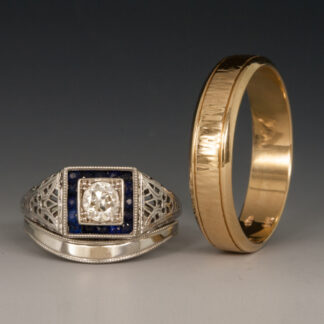 Wedding Set, Platinum Deco Ring, Platinum Band to Fit, Hammered Band, 14K Yellow Gold