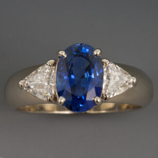 Ring, Oval Sapphire, Trillion Diamonds, 14K white gold