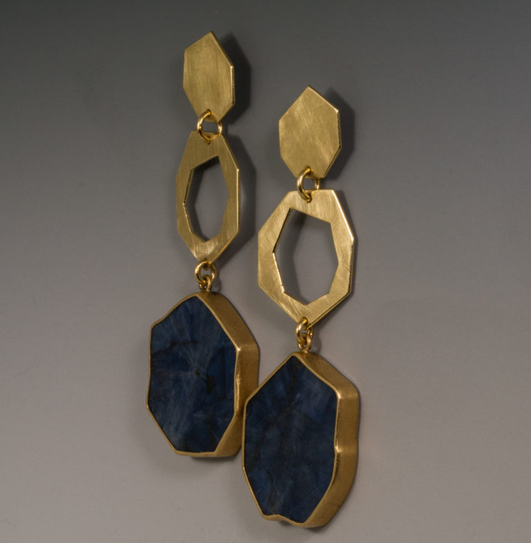 Earrings, Slices From Crystals of Madagascar Sapphire, 18KY Gold