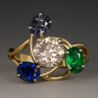 Ring, "Triskelion Design", Diamond, Sapphire, Emerald, Color Change Garnet, 18KY