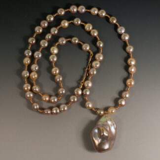Necklace, Pink Fresh Water Button Pearls with Large Pink Baroque Drop, 18K Red Gold