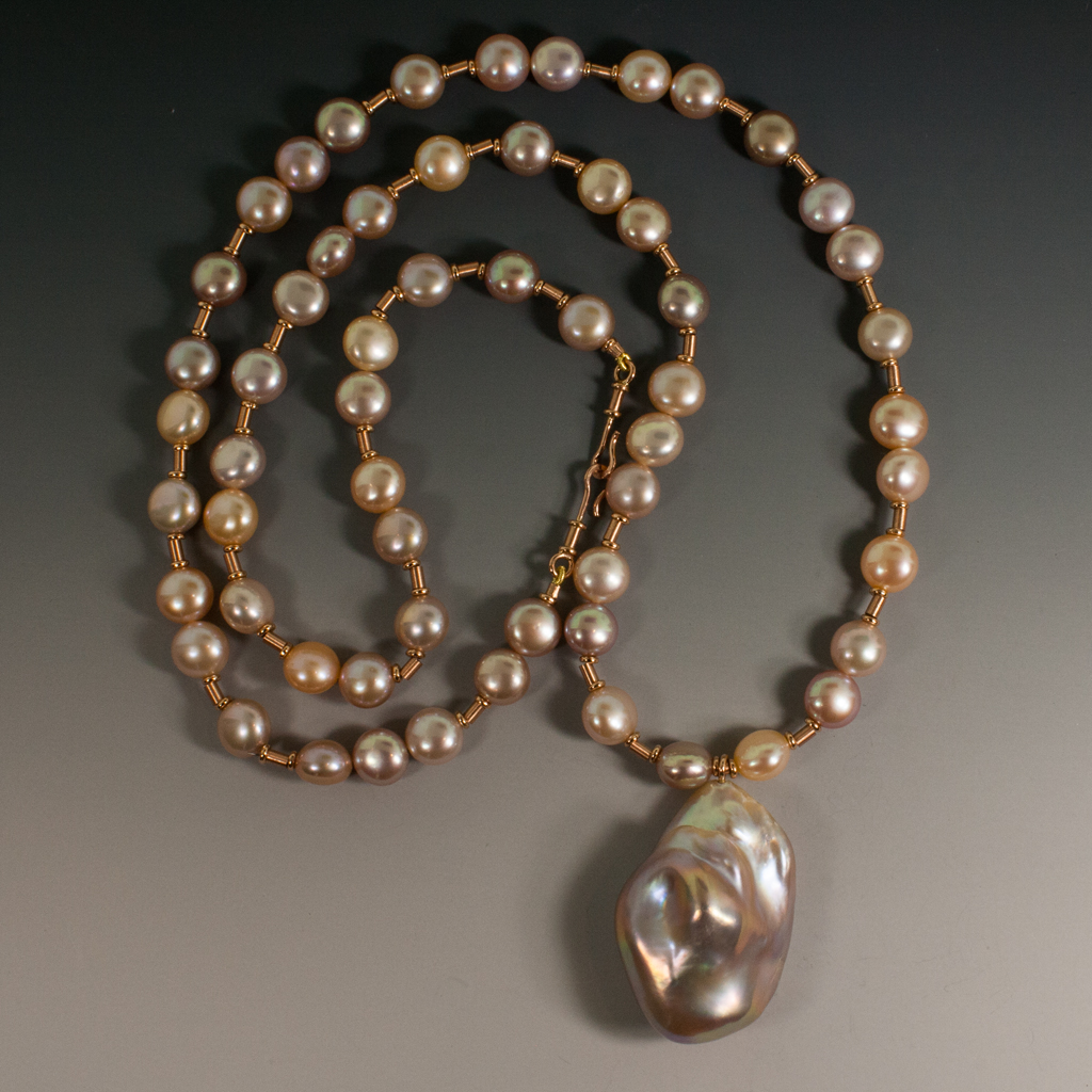 Necklace, Pink Baroque Freshwater Pearl Strand, 14KW 