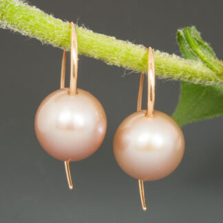 Earrings, "Short Open Loops" Pink Fresh Water 11.6mm Round Pearls, 14K Red Gold