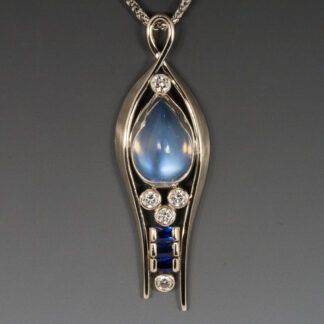 Pendant, Moonstone, Diamonds, Sapphires, 14KW