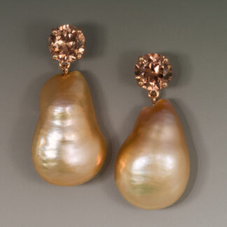 Earrings, Large Fresh Water Peach Baroque Drop Jackets on Peach Zircon Studs, 14KP