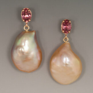 Earrings, Padparadscha Sapphire with Peach Baroque Pearls, 14KP