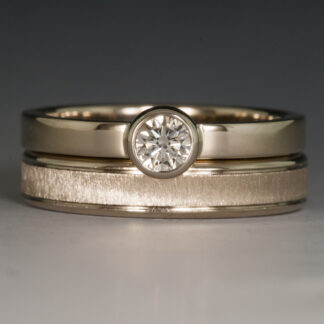 Wedding set, 14K white gold band with bezel set diamond engagement ring