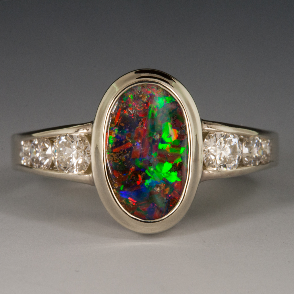 Ring, Boulder Opal, Diamonds, 14K White Gold