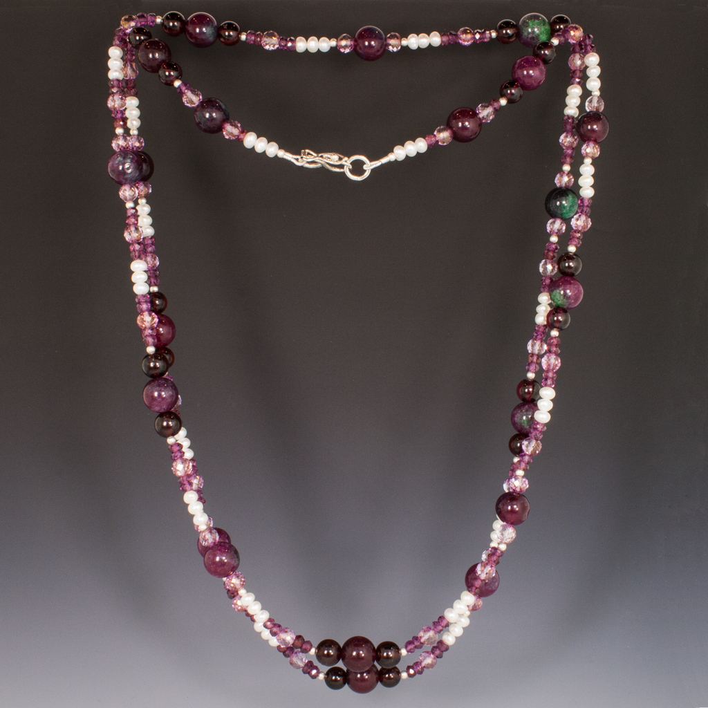 Necklace, Mala Ruby Zoisite, Garnet, Pink Topaz, White FW Pearls, SS, 38 
