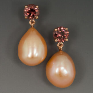 Earrings, Cognac Zircon, Peach Freshwater Baroque Drop Pearls, 14KR