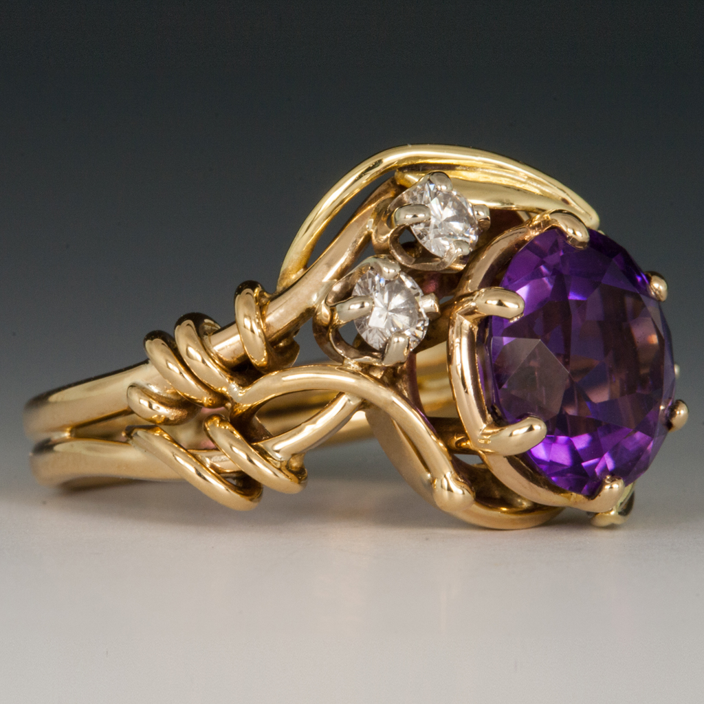 Ring, Amethyst Floral Design with Diamonds, 18KY