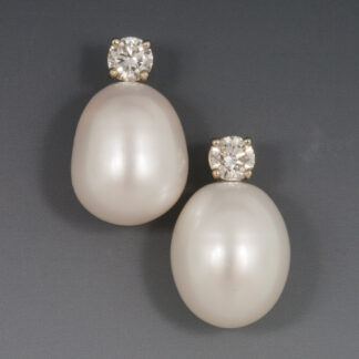 Earrings, Large White Freshwater Baroque Drop Pearls with Diamonds, 14KW