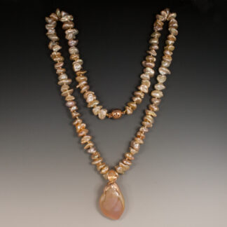 Necklace, Large Fresh Water Pink Baroque Pearl on 20" Peach Keshi Strand, 14KR