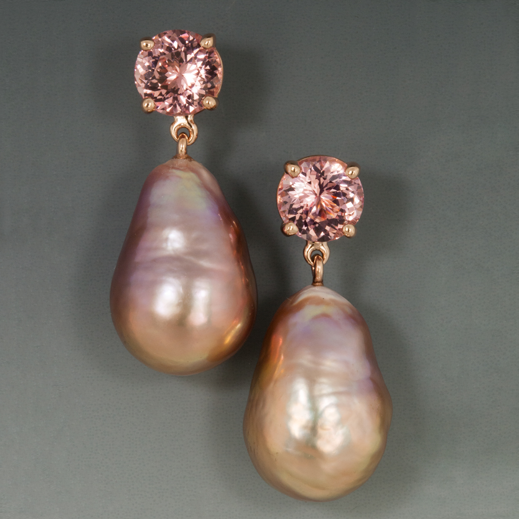 Earrings, Pink Spinel, Pink Baroque Freshwater Pearls, 14K Gold -