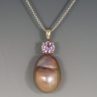 Pendant, Pink Topaz, Fancy Pink Baroque Drop Pearl, 18KW