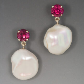 Earrings, Rubellite Tourmaline, White Freshwater Flat Baroque Button Pearls, 14KW