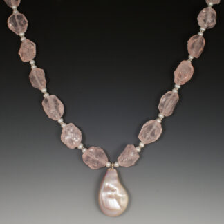 Rose Quartz and Pearls Necklace with Large Pink Baroque Drop