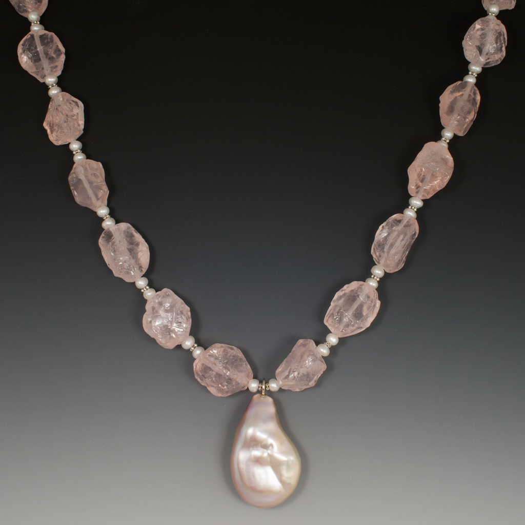 Necklace, Rose Quartz, White Freshwater Pearls, Large Pink Baroque 