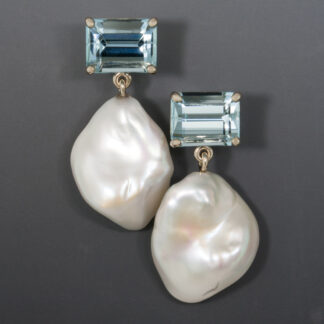 Earrings, Aquamarine, Freshwater Flat Baroque Pearls, 14KW