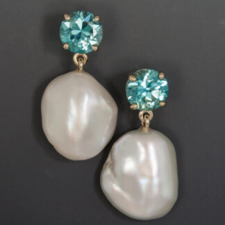 Earrings, Blue Zircon, Flat White Baroque Freshwater Pearls, 14KW