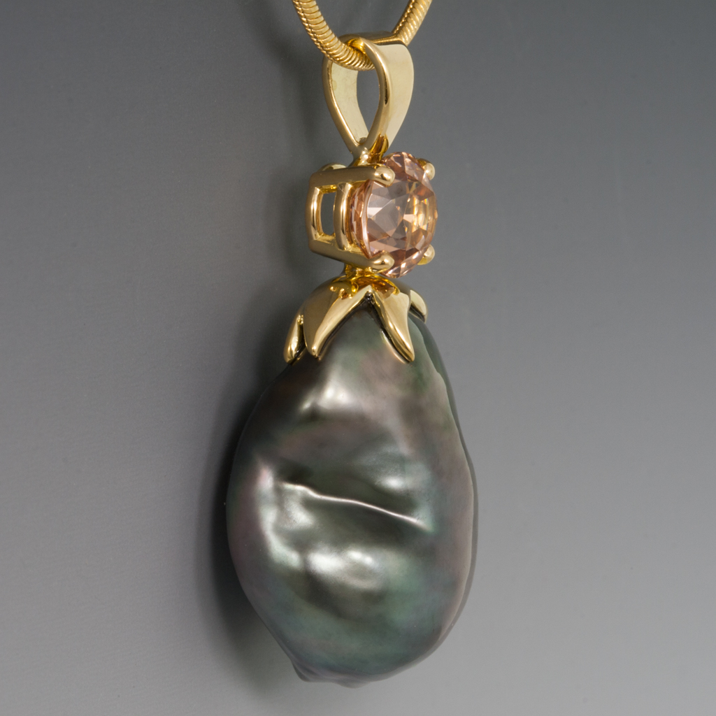 Pendant, Gray Australian Pearl, Champagne Zircon (Tanzania), 18KYR