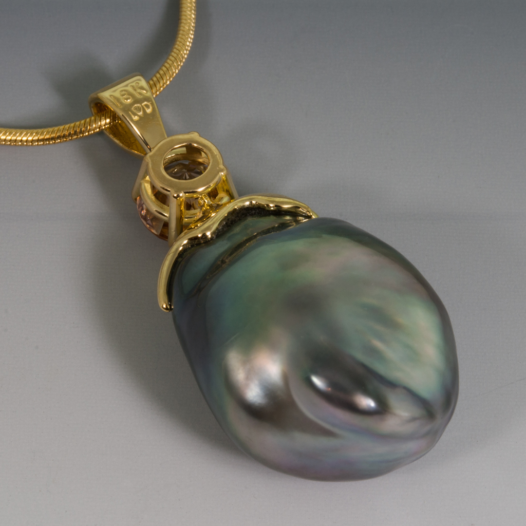 Pendant, Gray Australian Pearl, Champagne Zircon (Tanzania), 18KYR