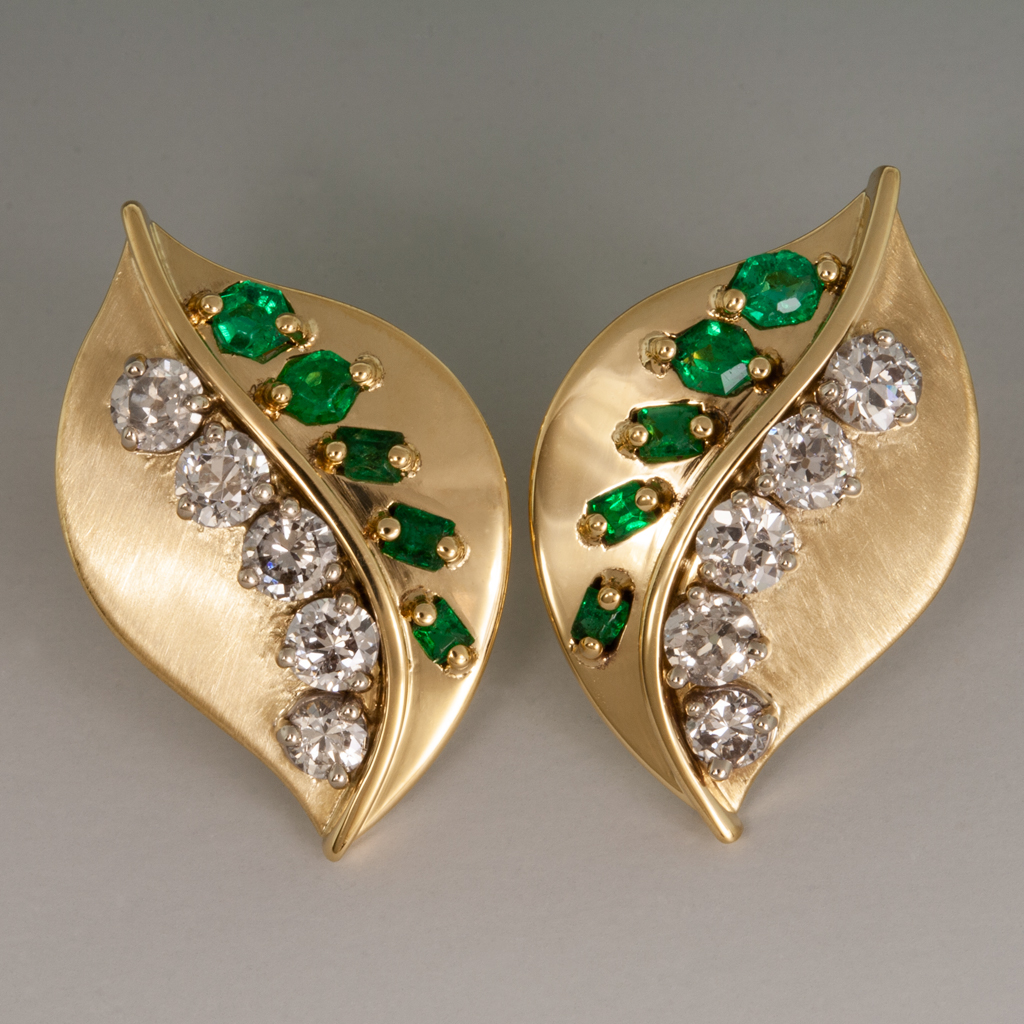 Earrings, Leaf Shape, Diamonds, Emeralds, 18KY -
