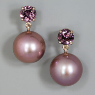 Earrings, Fancy Purple FWP 12.46mm, Spinel, Pinkish Grey 6mm 1.84ctw, 14KW