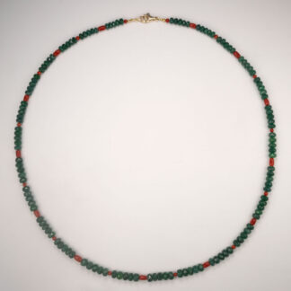 Necklace, Emerald, 4-5mm faceted rondelles 1.04ctw. Red Coral, 3x4mm ovals, 2.5mm rounds, 14KY, 20"