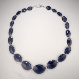 Necklace, Graduated Flat Oval Faceted Iolite and graduated SS saucer beads, 20", SS lobster claw clasp