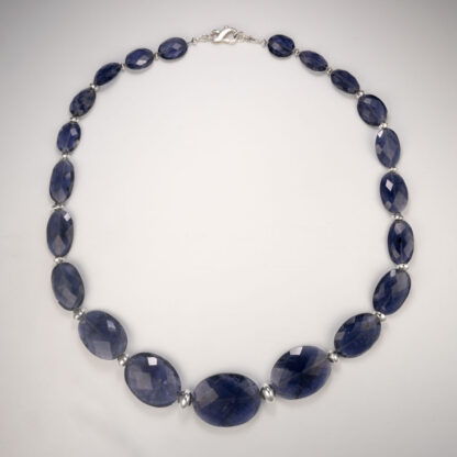 Necklace, Graduated Flat Oval Faceted Iolite and graduated SS saucer beads, 20", SS lobster claw clasp