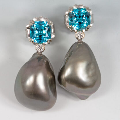 Earrings, Blue Zircon Cushion 6.9mm 5.4ctw, Tahitian Baroque drops, Diam, 14KW