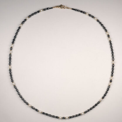 Necklace, Black Diamonds with 4mm freshwater Pearls & YG Quad Beads, 14KY, 19", 33.54ctw.