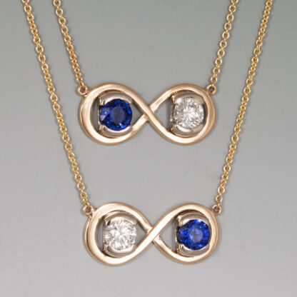 Necklace, Infinity design with 1 sapphire and 1 diamond (provided), 16" .8mm cable chain attached 14KY x 2