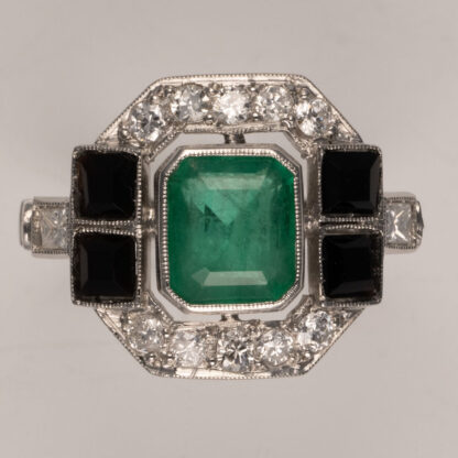 Ring, Emerald, Onyx, Diamond, Platinum, Size 6.5, 1920's