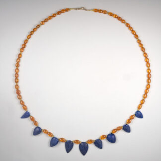 Necklace, Spessartite Garnet Lentils 141.34ctw with 9 Lapis Lazuli Leaf Pear shape and yellow Sapphires 3mm, 25"