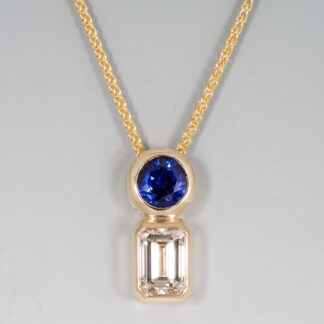 Pendant, Diamond Emerald Cut .97ct 6.45x4.75mm G/US2, Sapphire 5.25mm .75ct, Spiga .9mm 18" 14KY